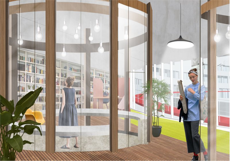 Curved glass library pod with floor-to-ceiling bookshelves, timber columns, pendant lights, and a resident carrying a portfolio tube