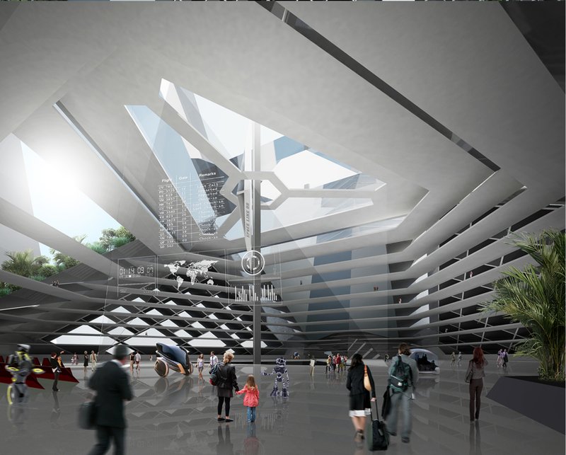 The futuristic terminal offers dynamic spaces for work, transit, and innovation.