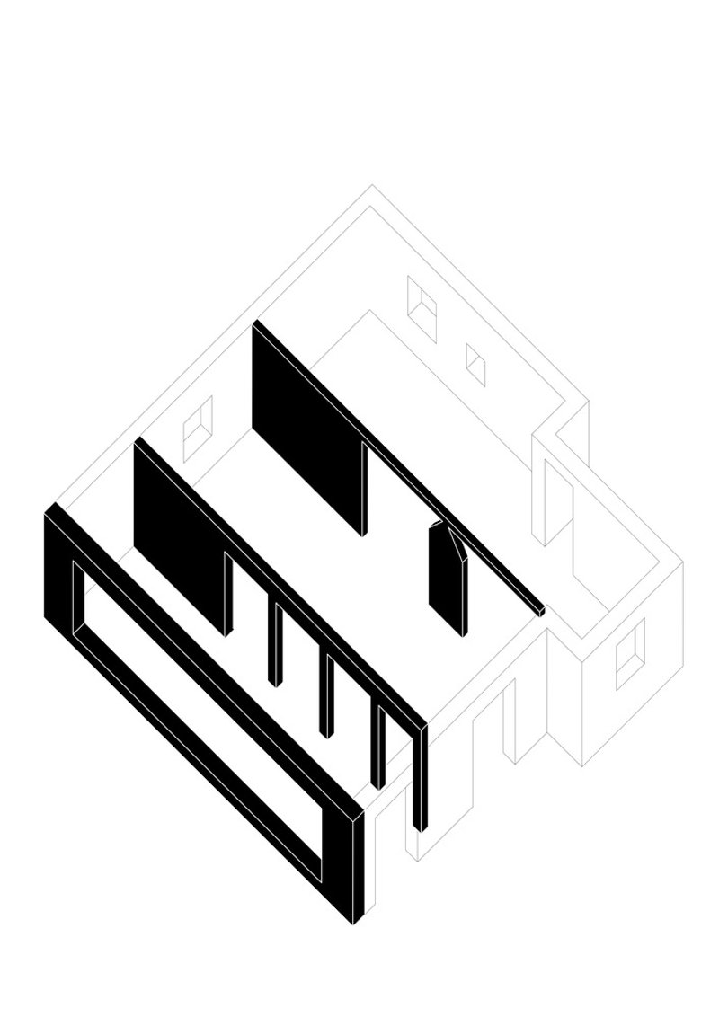 Exploded axonometric: black diagram showing the new walls inserted within the existing villa envelope