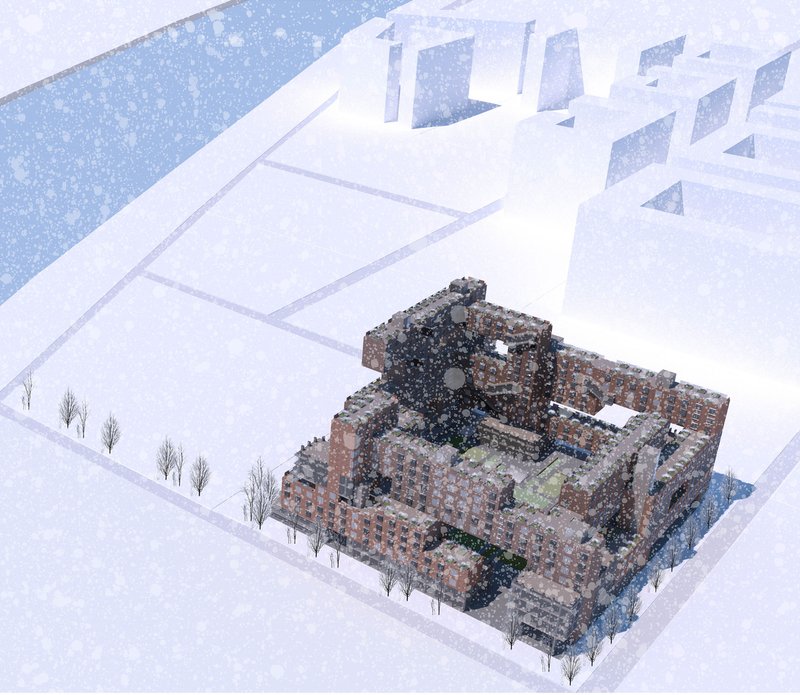 Dynamic Square showcases its innovative design amidst a serene snow-covered urban landscape.