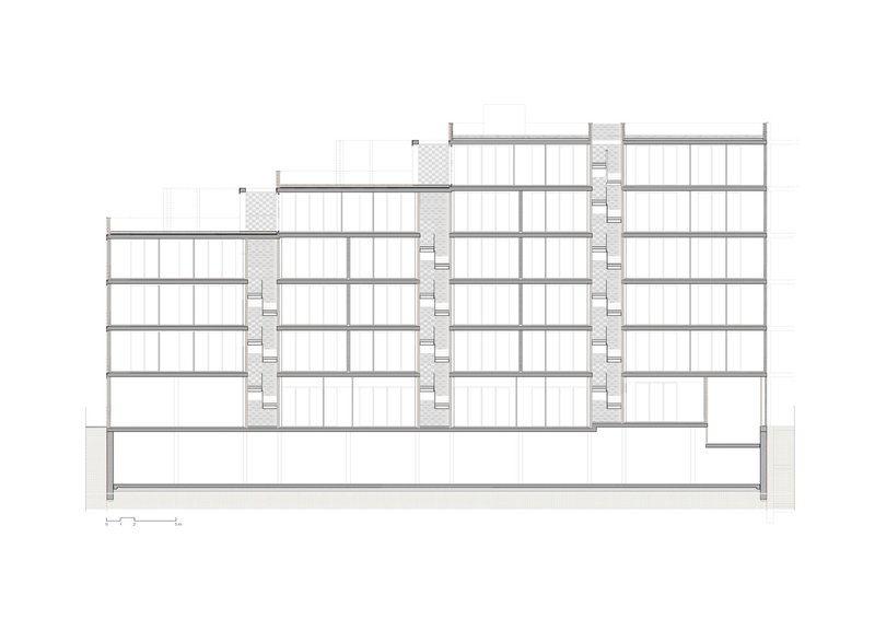 Longitudinal section: five upper levels with deep balconies, perforated facade screen, basement level below, two stair cores