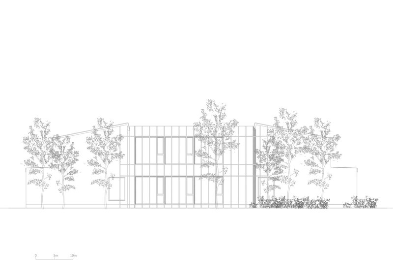East elevation: the extension facade with vertical fins, timber upper storey, and surrounding trees drawn in