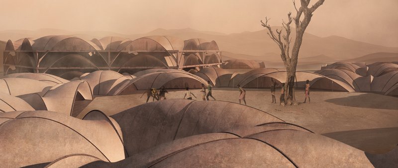 Community spaces under the desert sun: The Nomadic Nest fosters interaction and play in sustainable architectural forms.