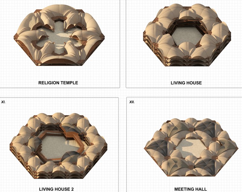 Functional modular designs: Religion Temple, Living Houses, and Meeting Halls blend form and purpose for cohesive desert communities