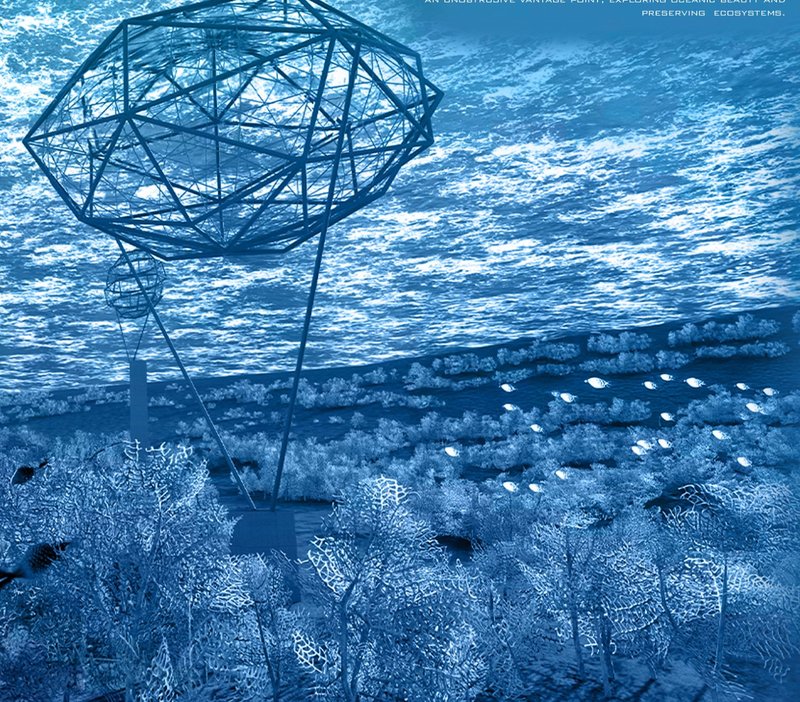 A stunning view of Dive-5’s eco-friendly pods blending seamlessly into the underwater environment.