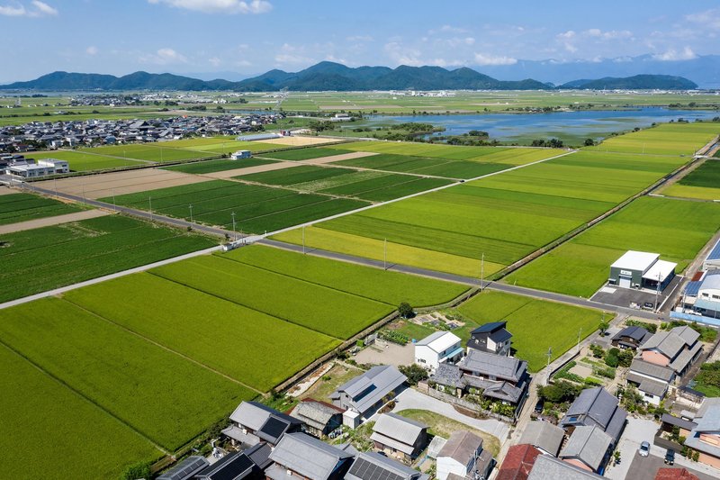 Aerial wide: rice paddies reaching to Lake Biwa visible at top left, mountains, village cluster with the house at centre