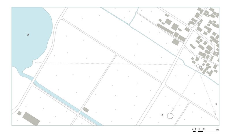 Site plan: the house on its lot between rice paddies and village, Lake Biwa to the west, shrine to the south, mountain to the east