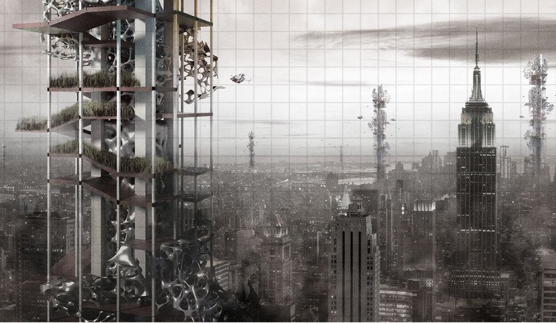 A conceptual depiction of how magnetic-field-driven structures redefine urban skylines.