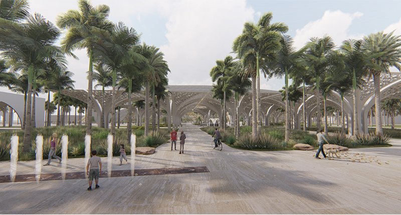 A tranquil walkway at the Oasis of Culture, blending greenery and architecture to inspire community harmony.