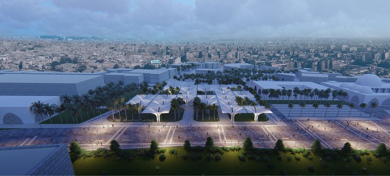 Nightfall at Aleppo's Oasis of Culture: A luminous blend of modern architecture and cultural renewal in the city's heart.