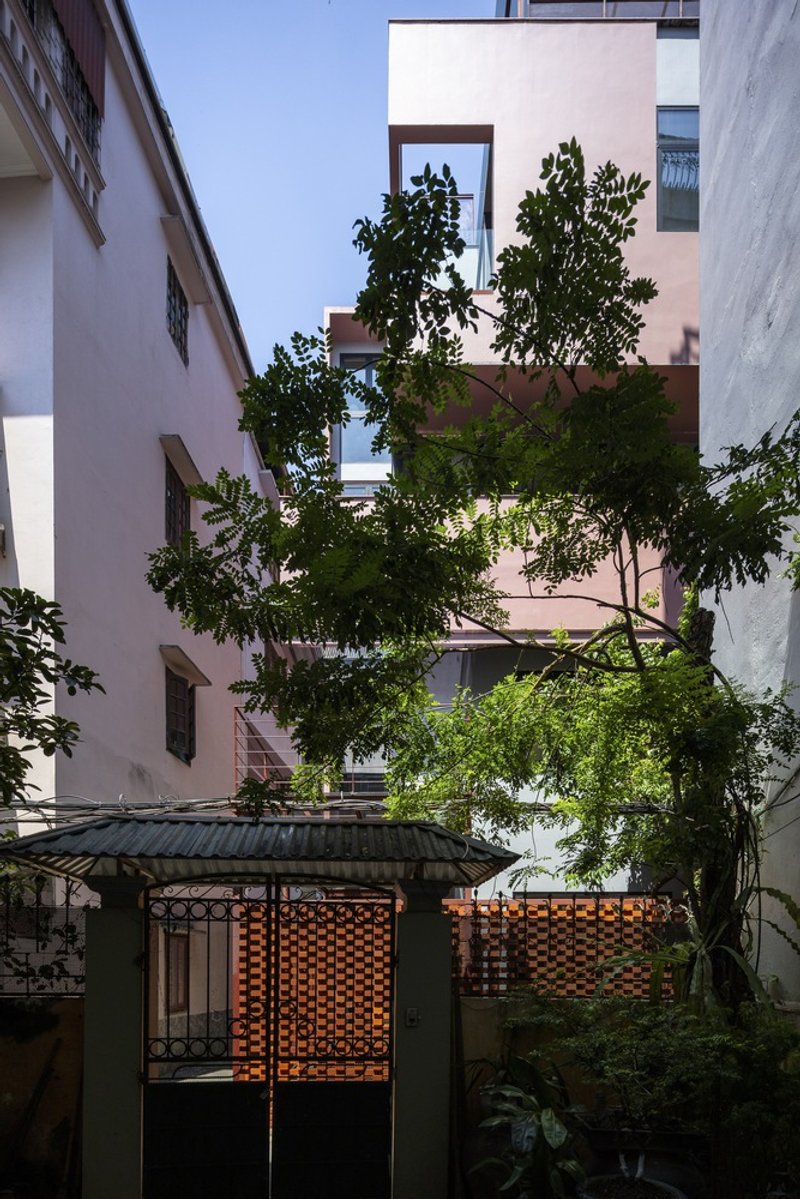 Courtyard view with steel-framed brick screen beneath mature trees growing between the volumes