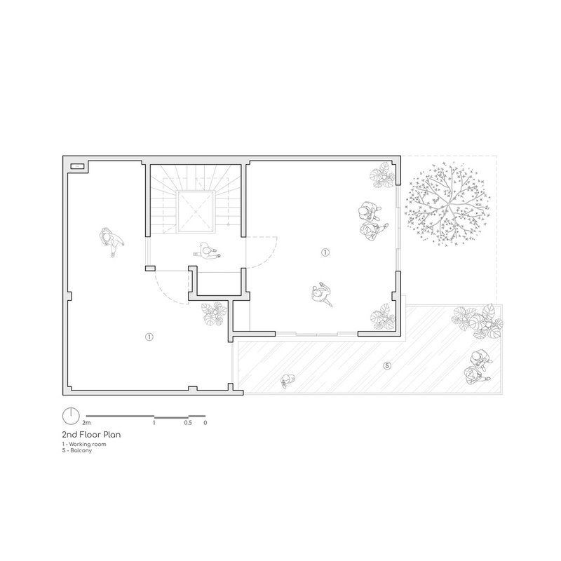 Second floor plan drawing showing central stair void, balcony and rooftop tree planting