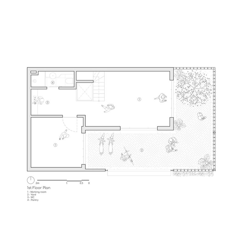First floor plan drawing with interior rooms and outdoor terrace with tree and figures