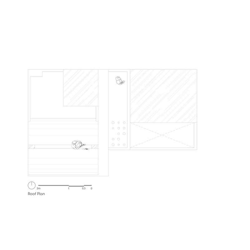 Roof plan drawing showing hatched surface areas and a narrow circulation spine with planting