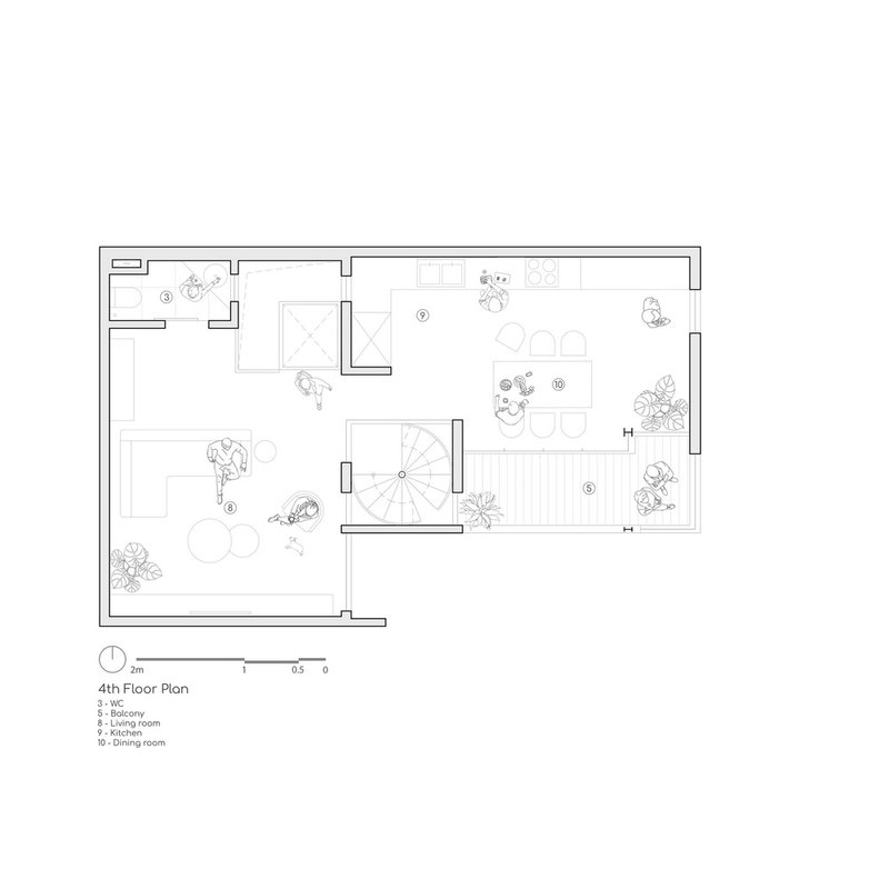 Fourth floor plan drawing showing living spaces arranged around a central spiral staircase with plants scattered throughout
