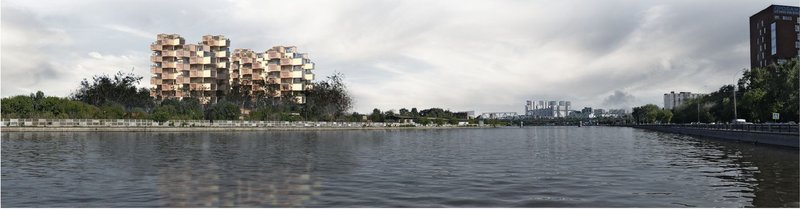 A panoramic view of Hustle Hub nestled by the river, showcasing its innovative modular design harmonizing with the natural surroundings.