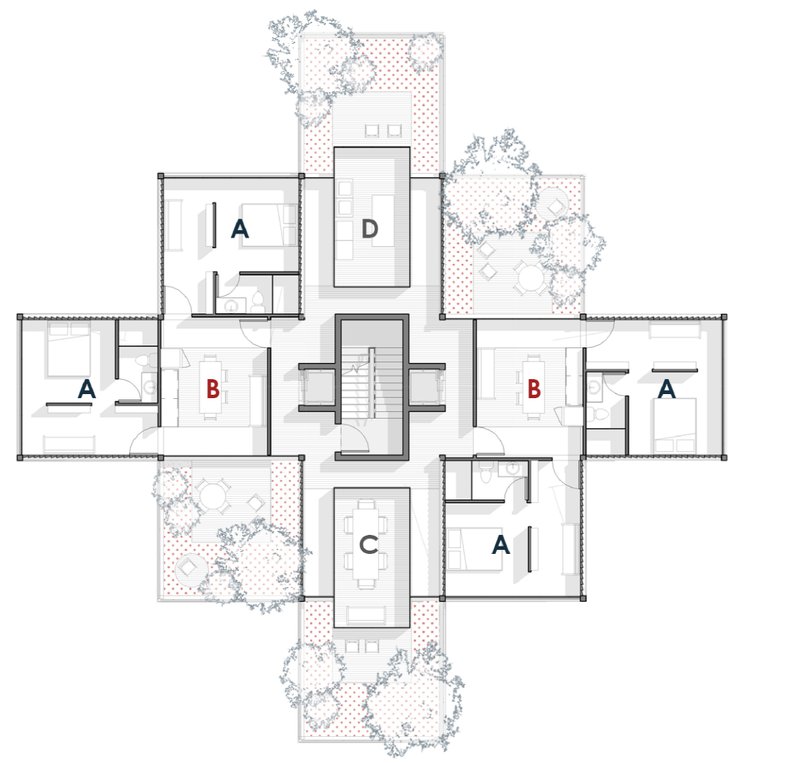 Floor plan illustrating the strategic arrangement of private, shared, and collective units, centered around a circulation core for optimized flow.