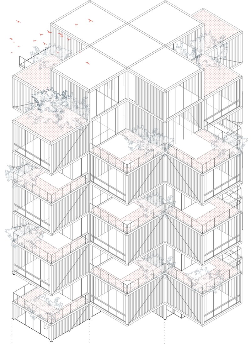 Stacked volumetric design of Hustle Hub exemplifies architectural innovation, balancing high density with sustainability and livability.
