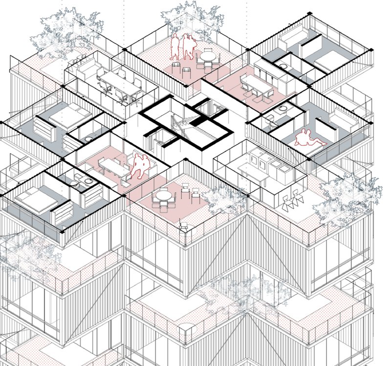Detailed axonometric view of the modular living units, emphasizing the blend of private and shared spaces that encourage collaboration.