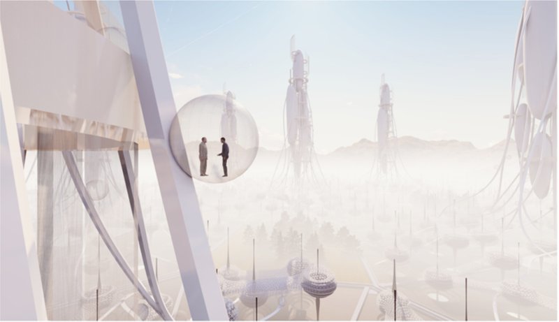 An elevated bubble meeting space offering panoramic views, fostering collaboration and connection within the innovative Anti-Pelago habitat.