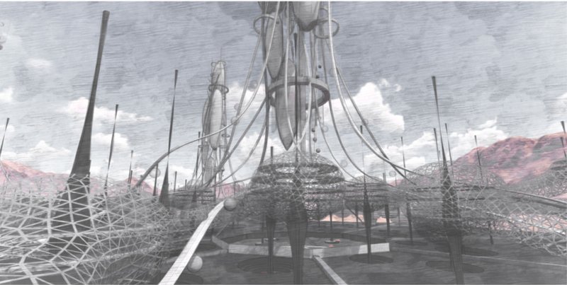 The sprawling network of interconnected habitats—a futuristic vision of modular living in the challenging Sahara environment.