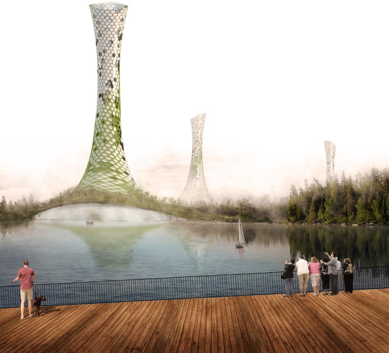 A stunning visual of migratory towers blending seamlessly with natural landscapes and water bodies.