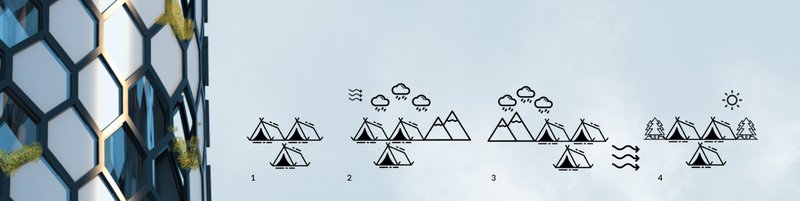 Illustrative diagrams representing humanity's historical migration patterns, inspiring the architectural concept.