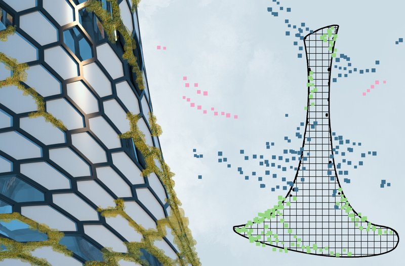 Close-up of the tower's eco-friendly hexagonal exterior, designed to harmonize with nature while ensuring structural integrity.