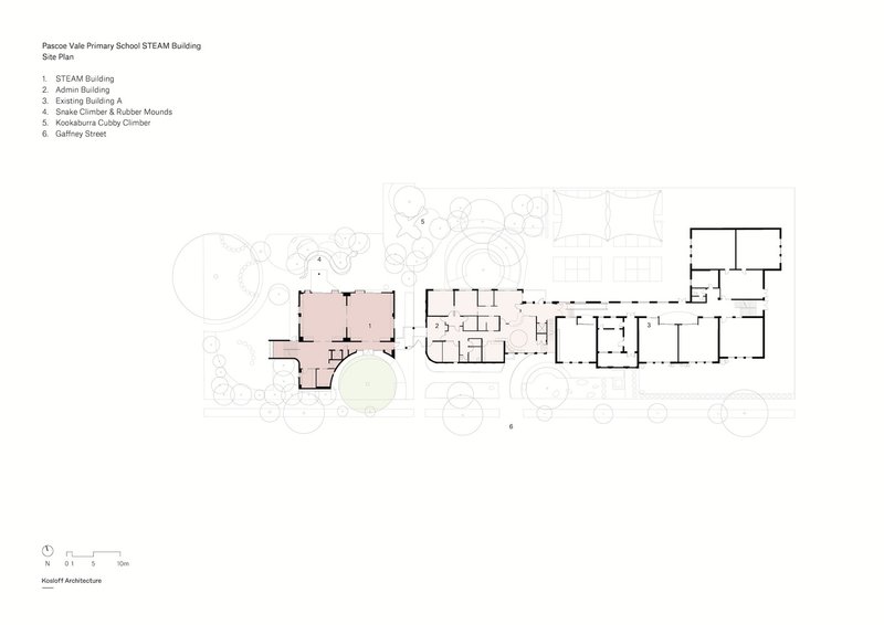 Site plan drawing showing multiple building volumes arranged among circular tree canopies along a linear site