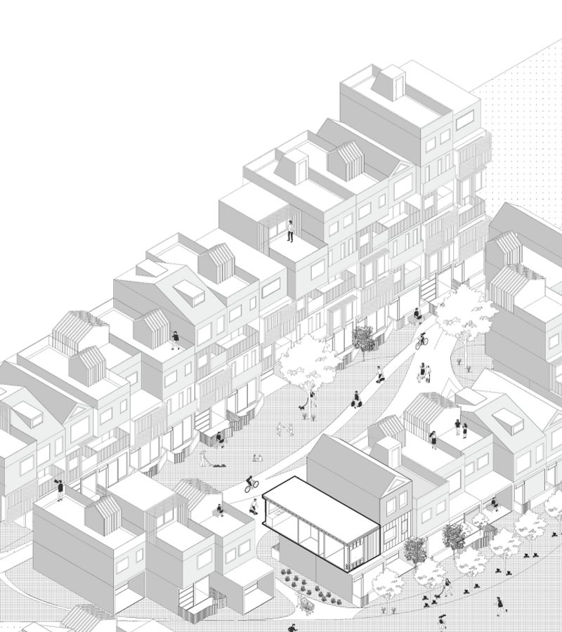Neighbourhood axonometric: a cluster of varied modular houses arranged around a central open space with people, ground-floor shops, and a mix of building heights