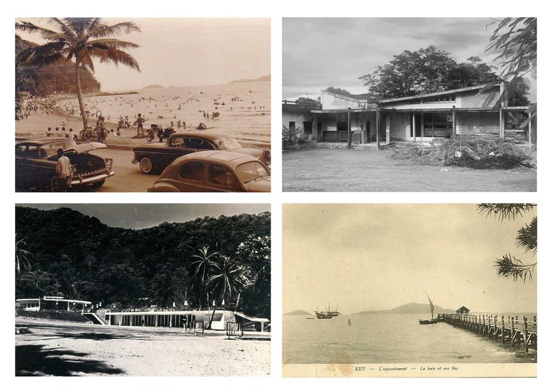 Four archival photographs showing tropical beachfront scenes with palm trees and timber pavilions