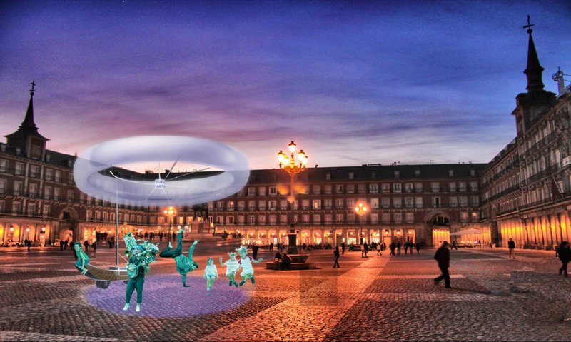 The Ringsail illuminated in Madrid’s Plaza Mayor, a vibrant focal point for evening performances.