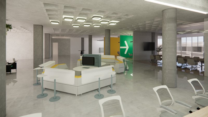 Innovative Reception: A vibrant green and yellow palette welcomes visitors with a perfect blend of aesthetics and functionality.