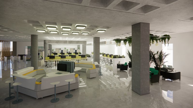 Collaborative Work Zones: Open, versatile workspaces inspire creativity and teamwork, complemented by natural greenery.