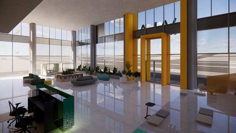 Vibrant Workspace: HALA's open-plan design seamlessly combines creativity and functionality with bold yellow accents and dynamic layouts.