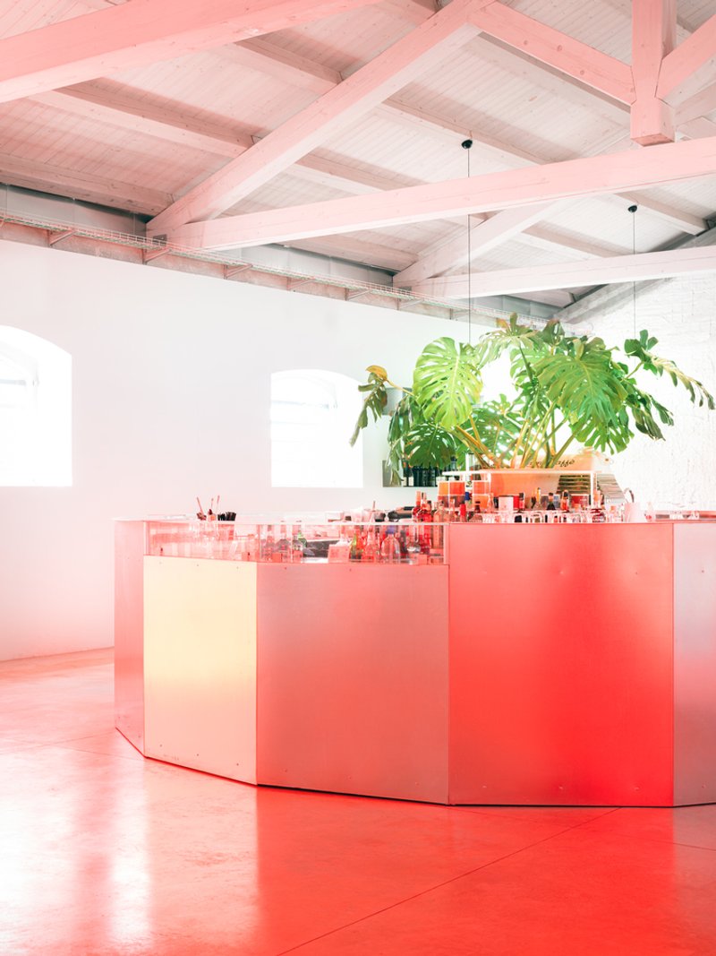 Interior counter with red acrylic panels beneath exposed timber beams and potted tropical plants