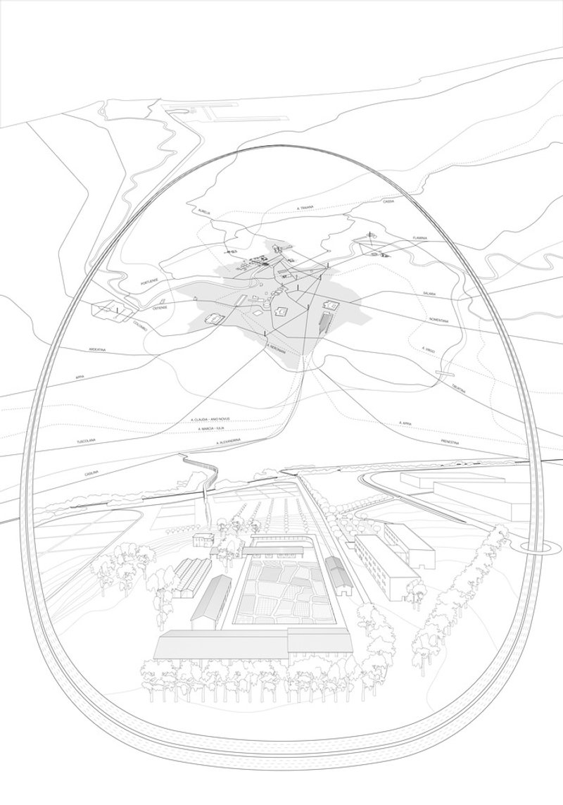 Axonometric drawing showing curved site boundary enclosing rectangular buildings with contour lines and landscaping