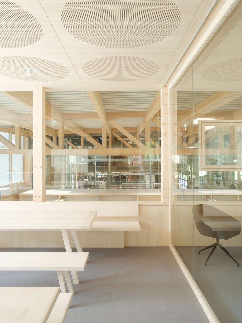 Workspace with stepped desk platforms and perforated acoustic ceiling panels under natural light