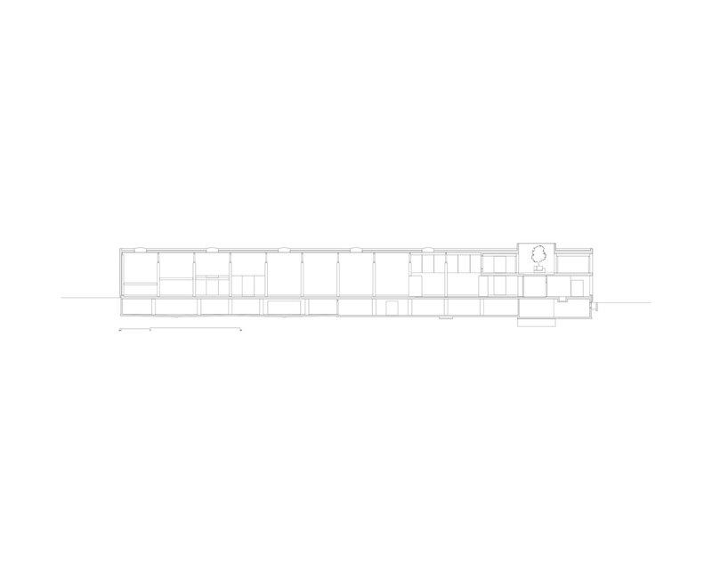 Section drawing showing the linear arrangement of spaces across multiple floor levels