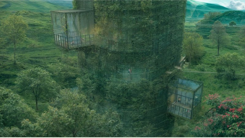 Enclosed Green Silos: Vertical spaces covered in vegetation promoting sustainability and efficient land use.