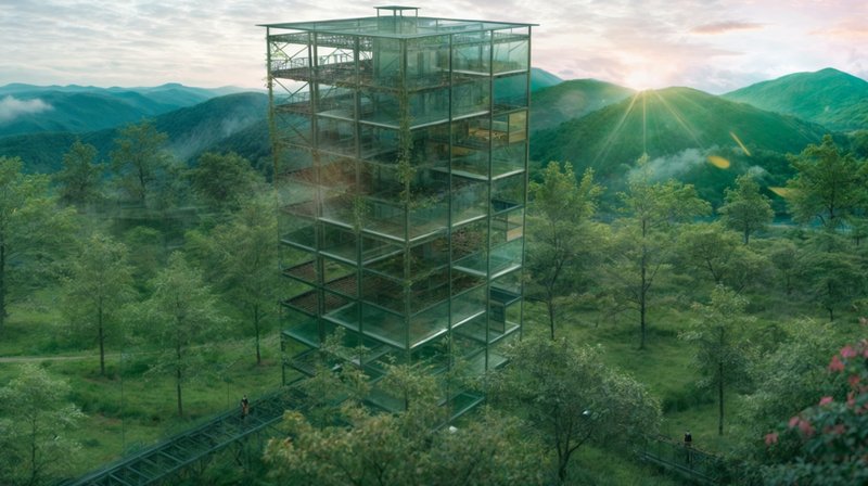 A modern architectural marvel integrating agriculture into urban spaces while preserving natural surroundings.