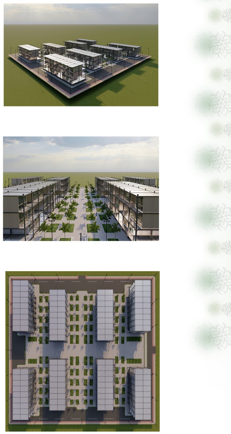 Site plan view showing rectangular housing blocks arranged in parallel rows with central courtyard spaces and landscaping