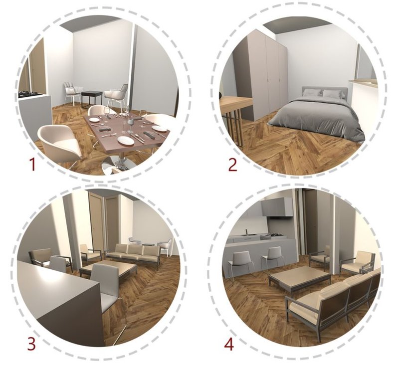 Four interior renderings showing dining area, bedroom, living room and kitchen with herringbone wood flooring and arched openings