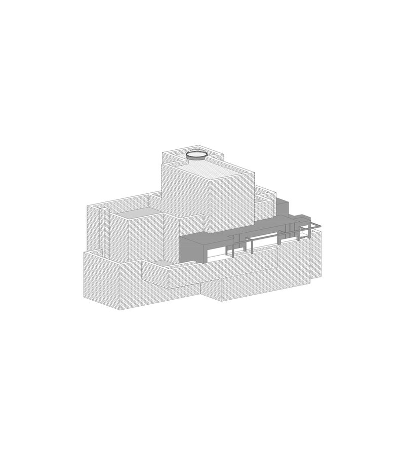 Axonometric drawing showing stacked rectilinear volumes with a terrace and circular rooftop element