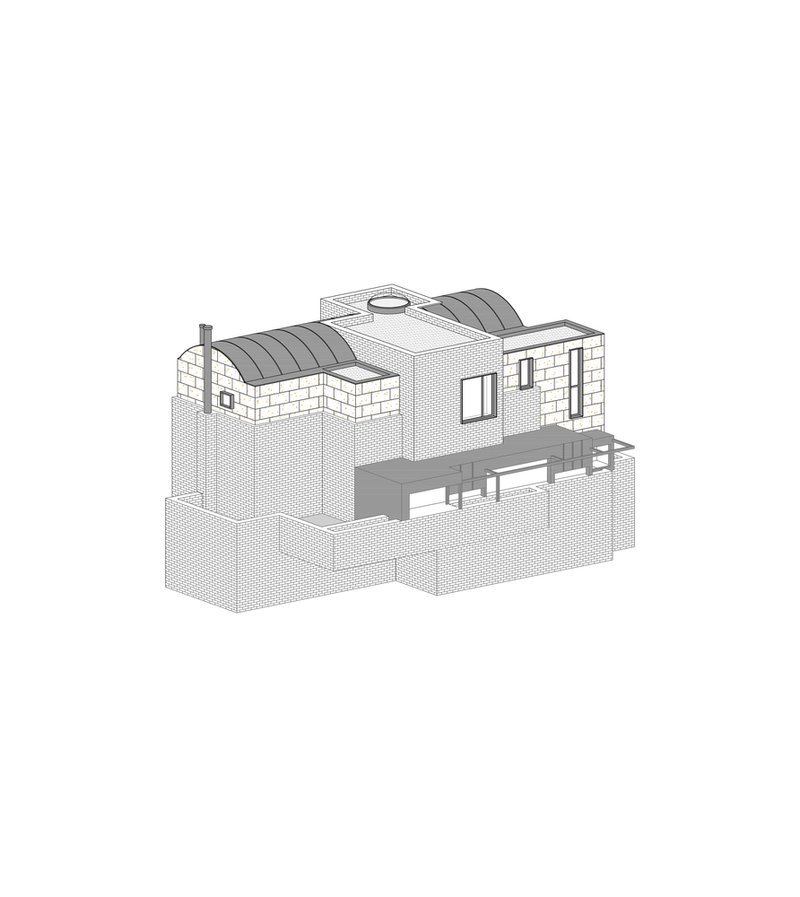 Axonometric drawing showing the building with added barrel vault roof and window openings revealed
