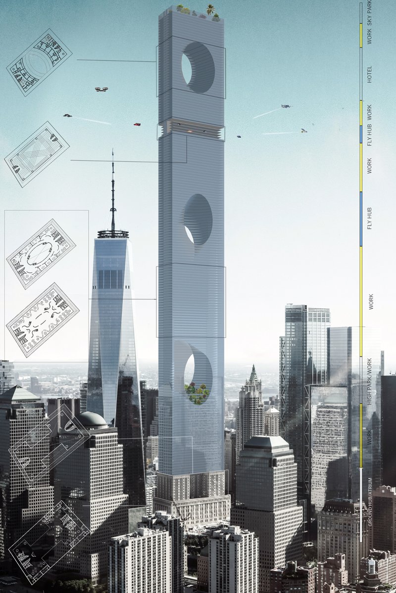 Seamlessly integrated vertical zoning: Fly Hubs, workspaces, and green areas create a sustainable urban ecosystem.