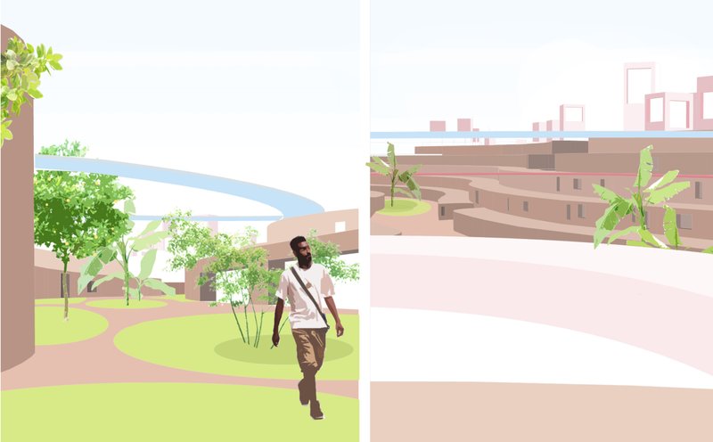 A conceptual rendering of residents interacting with lush green surroundings, offering a glimpse into the Valley's harmonious design.