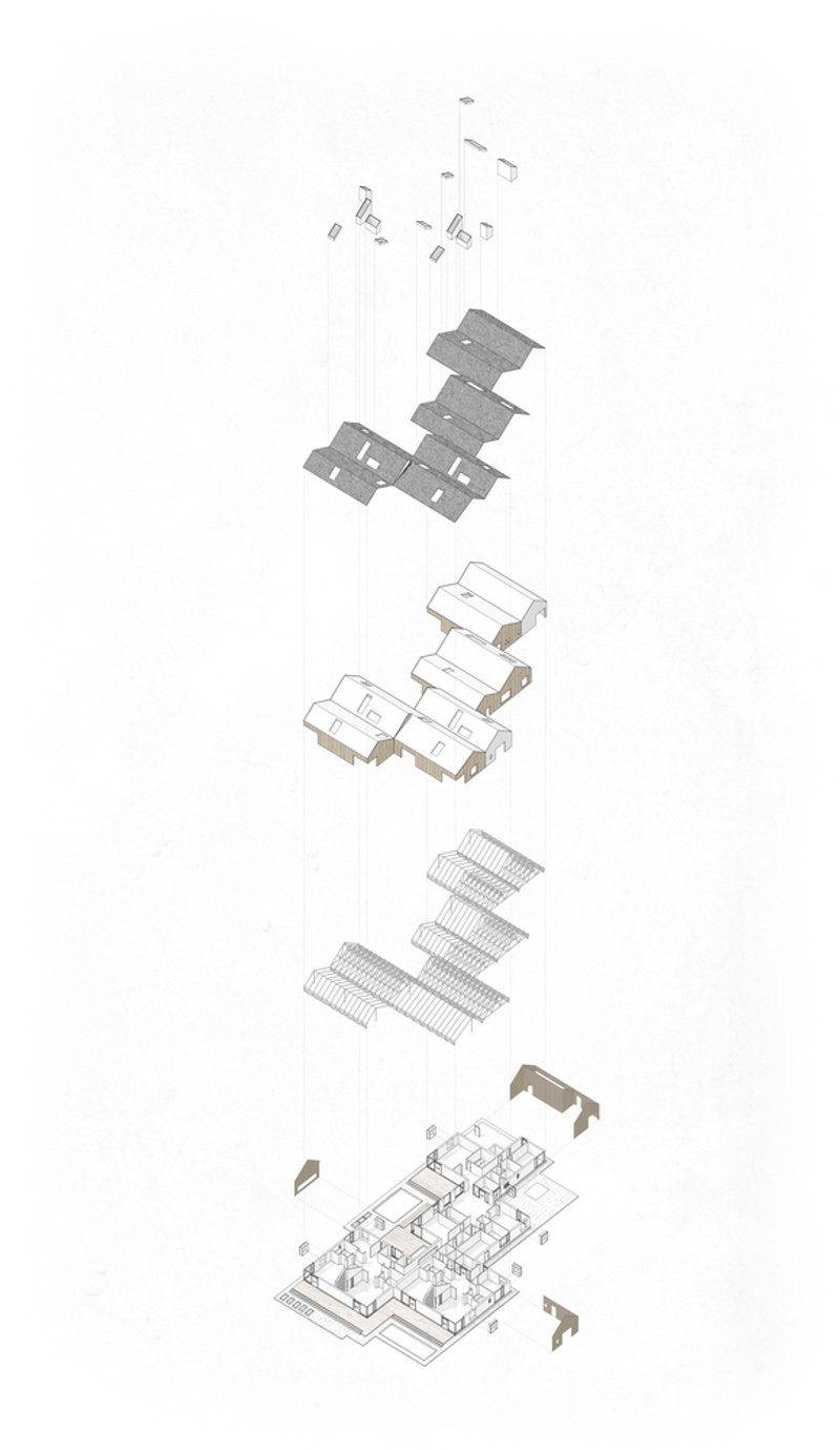 Exploded axonometric drawing showing roof structure, floor plates, interior walls and site components vertically separated