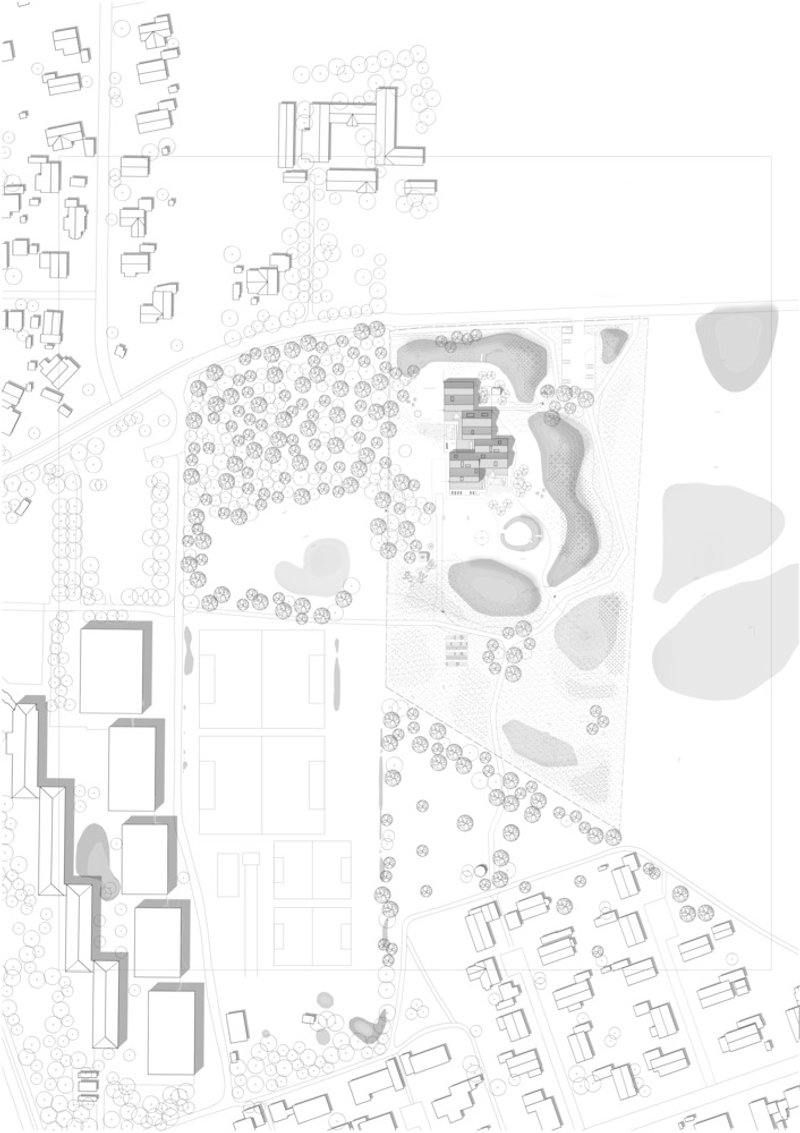 Site plan drawing showing organic water features and landscaping surrounded by scattered residential buildings
