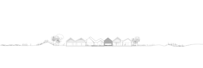Elevation drawing of a row of gabled volumes with varied roof forms under a light sky